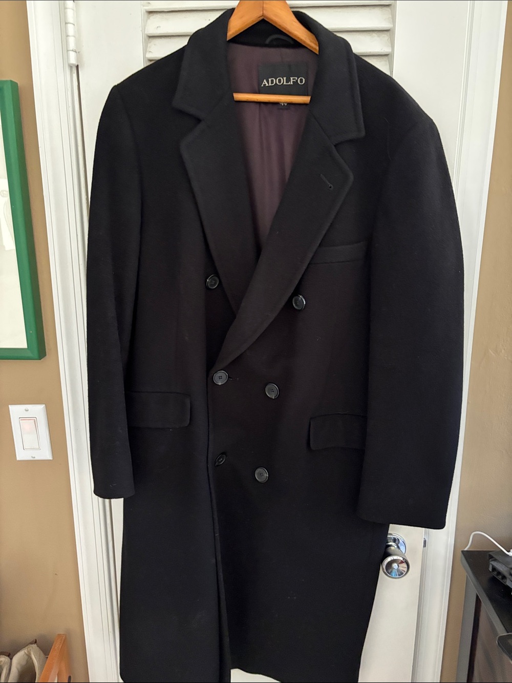 Adolfo Men's Black Double-Breasted Wool Peacoat